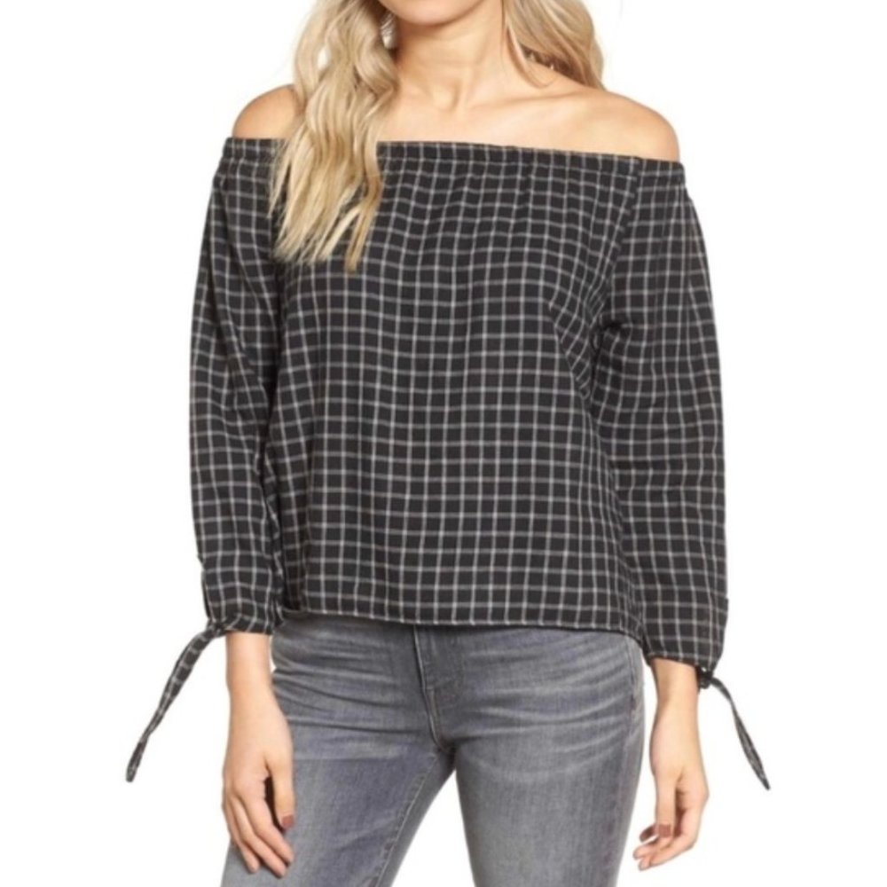 Madewell Off the Shouldeer Checkered Top